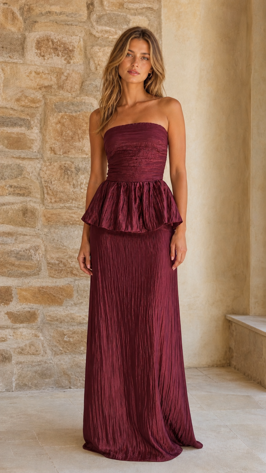 Model wearing burgundy strapless pleated maxi dress