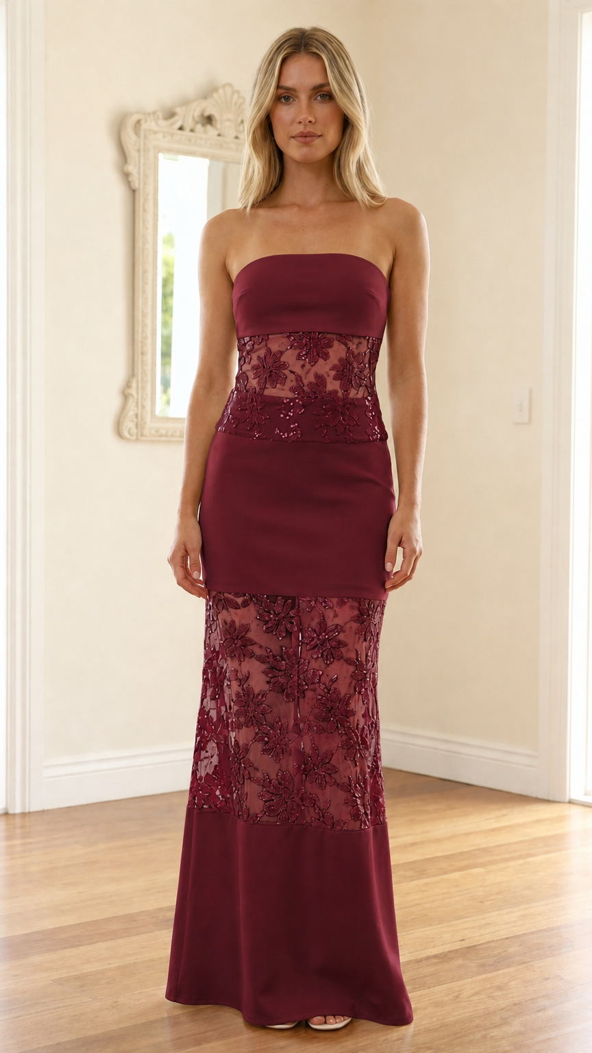 Model wearing burgundy strapless sequin mesh maxi dress