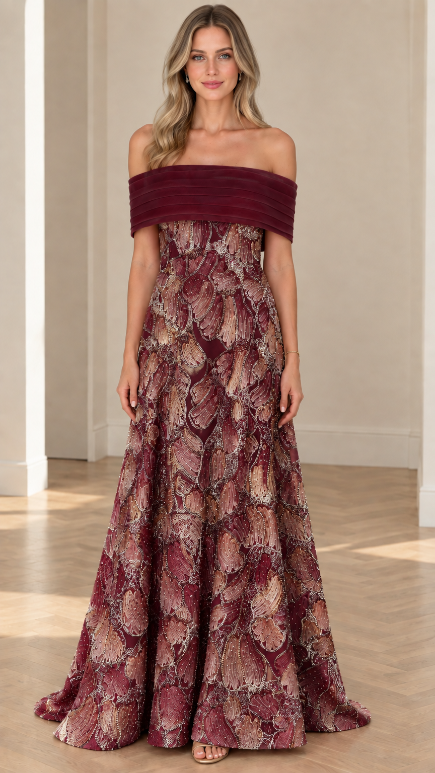 Burgundy wine off-the-shoulder beaded A-line evening gown front view