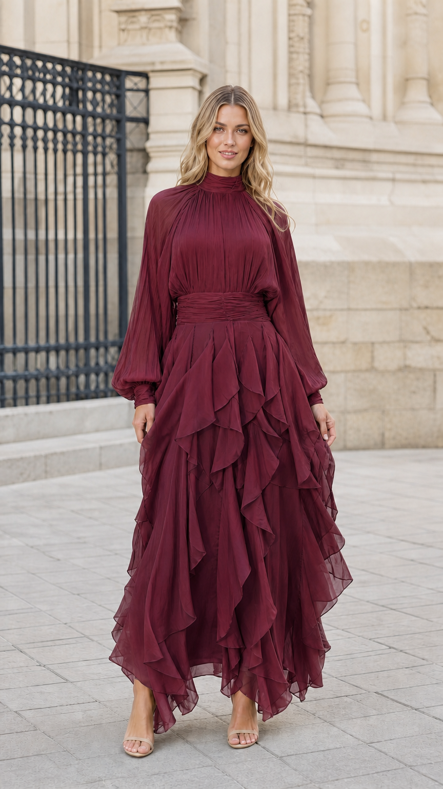 Model wearing burgundy wine tiered ruffle high neck maxi dress