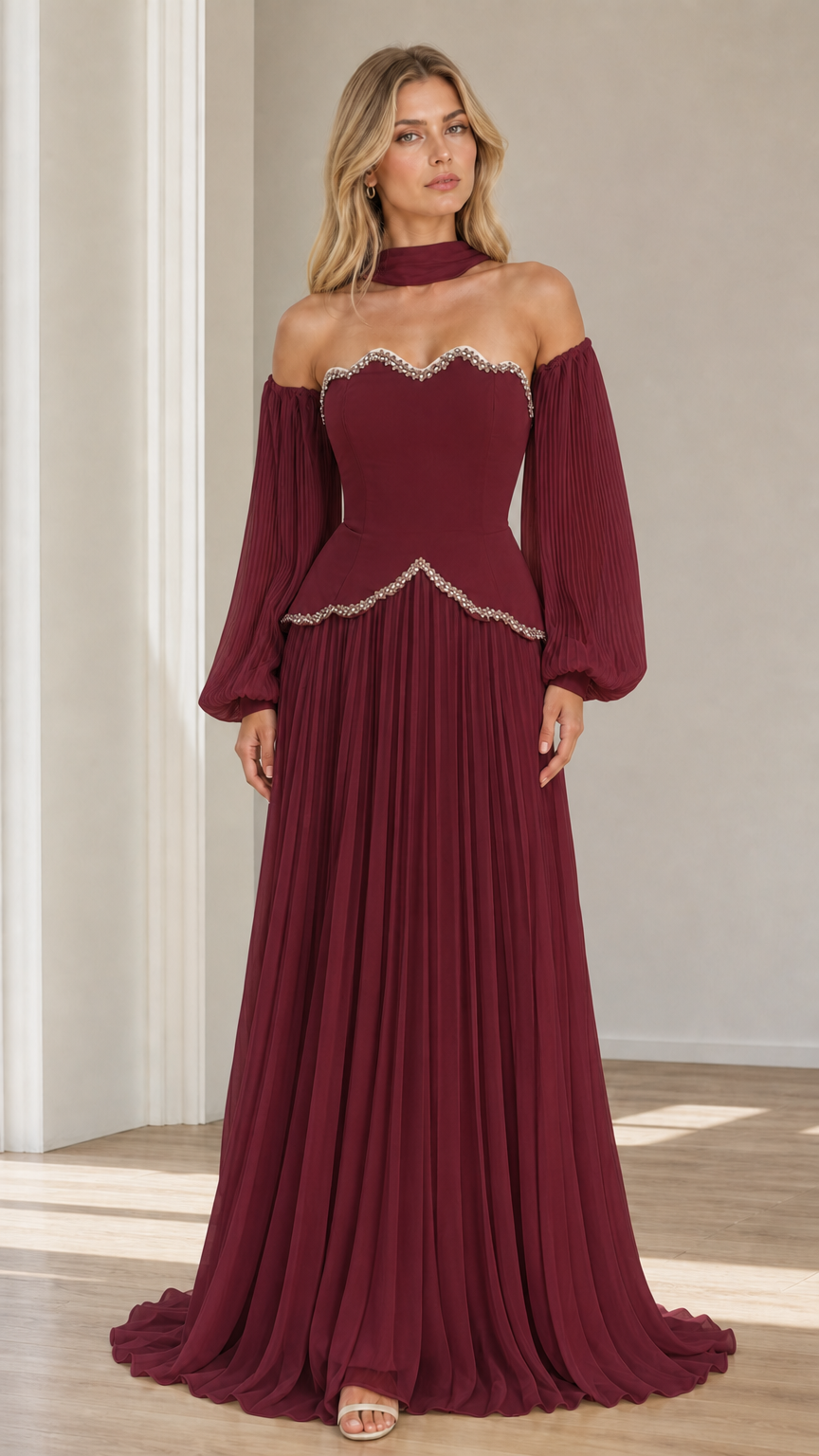 Front view of burgundy off-the-shoulder beaded scalloped pleated maxi evening gown