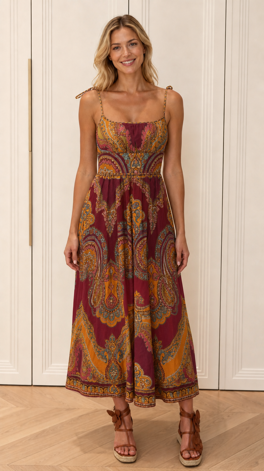 Model wearing burgundy color variant of paisley midi dress