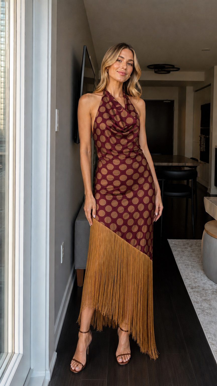 Woman wearing burgundy and tan polka dot fringe maxi dress