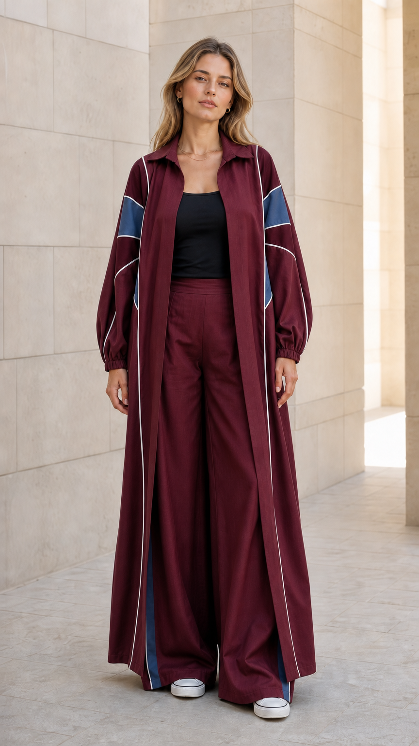 Burgundy colorblock maxi duster and wide leg trousers set