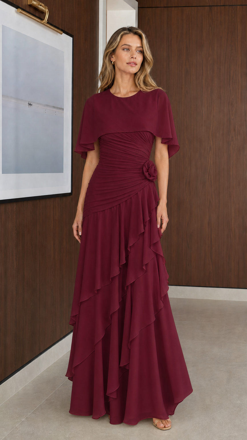 Model wearing Burgundy wine capelet tiered ruffle formal gown