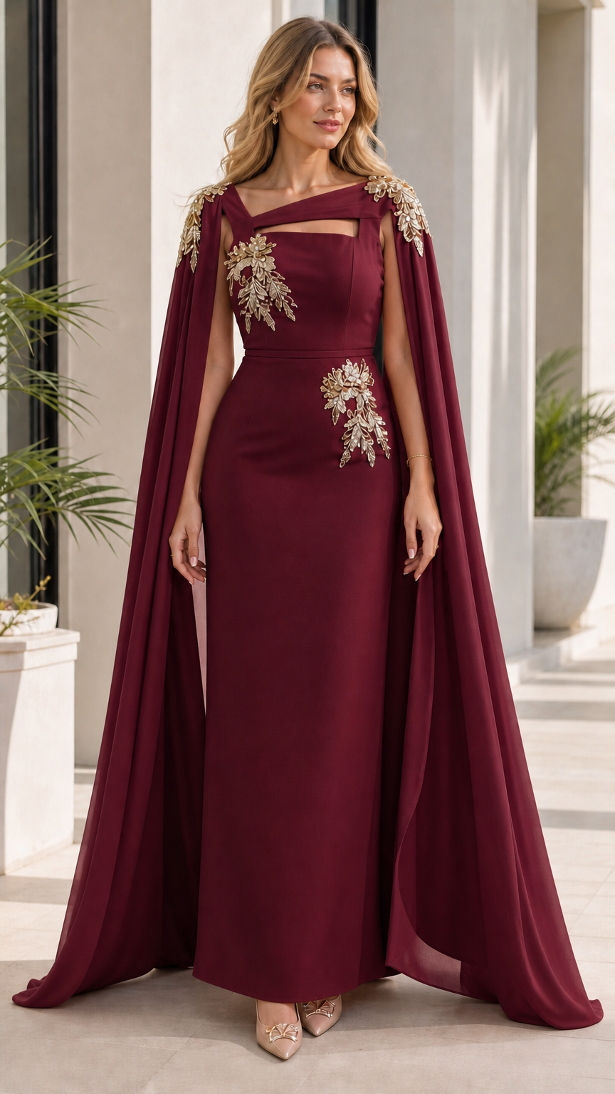 Woman wearing burgundy evening dress with attached cape