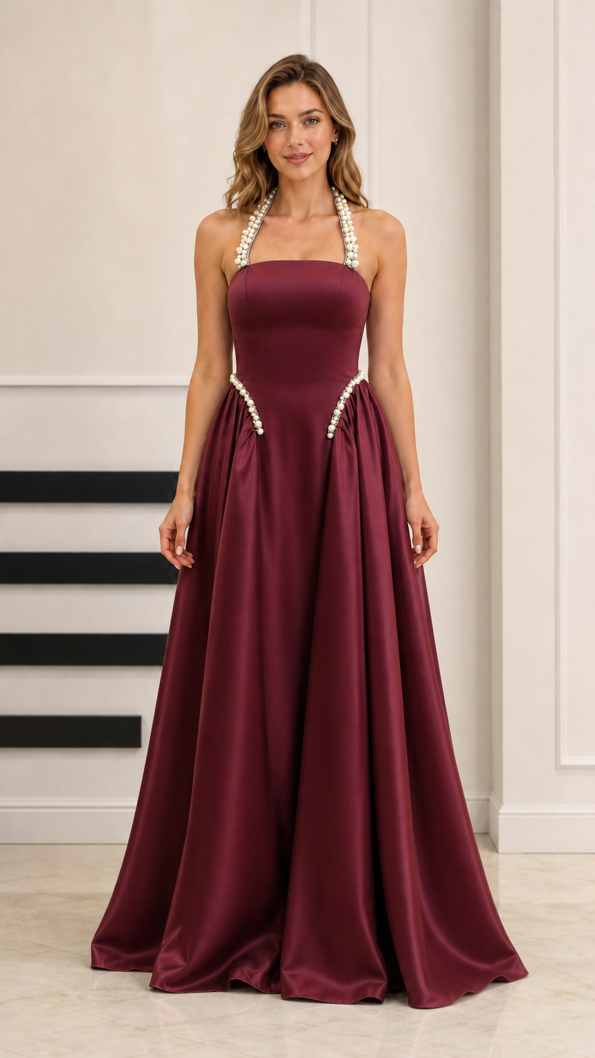 Burgundy red satin floor-length evening gown with pearl details