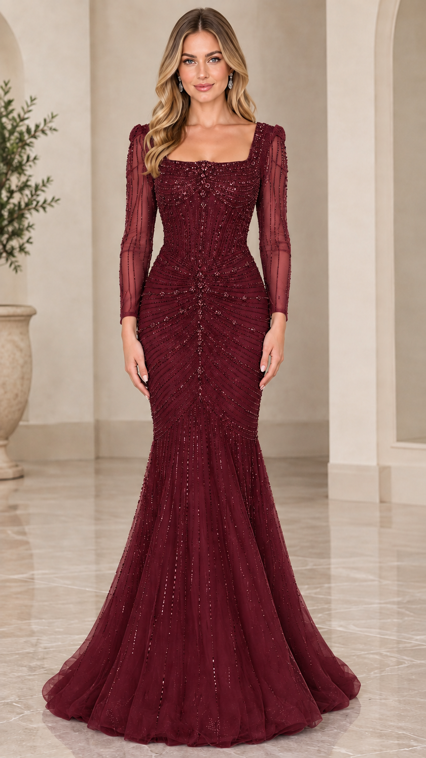 Burgundy wine long sleeve beaded mermaid evening gown