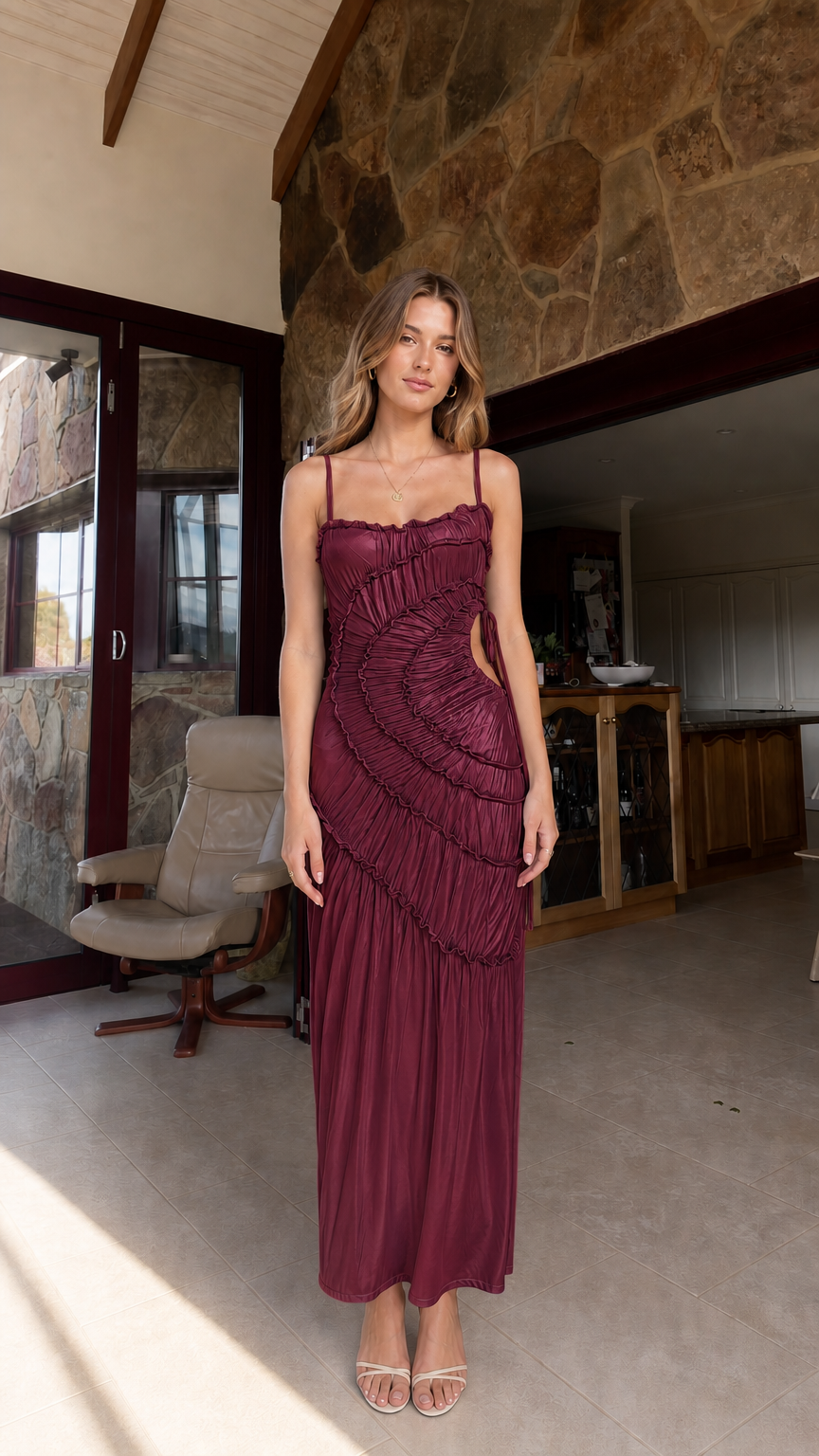 Front view of burgundy variant of the ruffled cut-out maxi dress