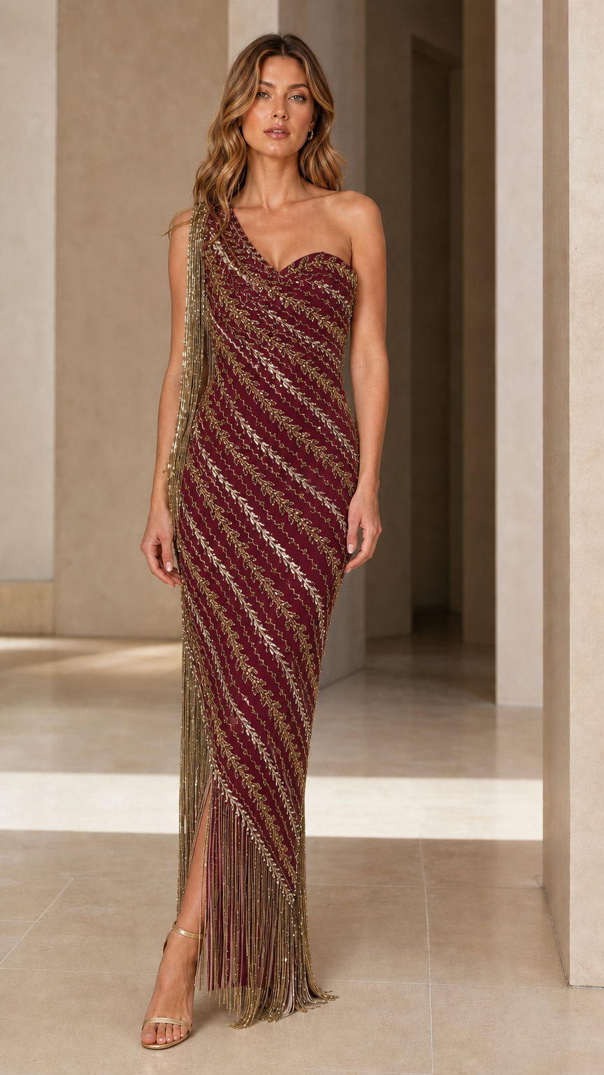 Burgundy wine one-shoulder beaded gala gown with cascading fringe trim