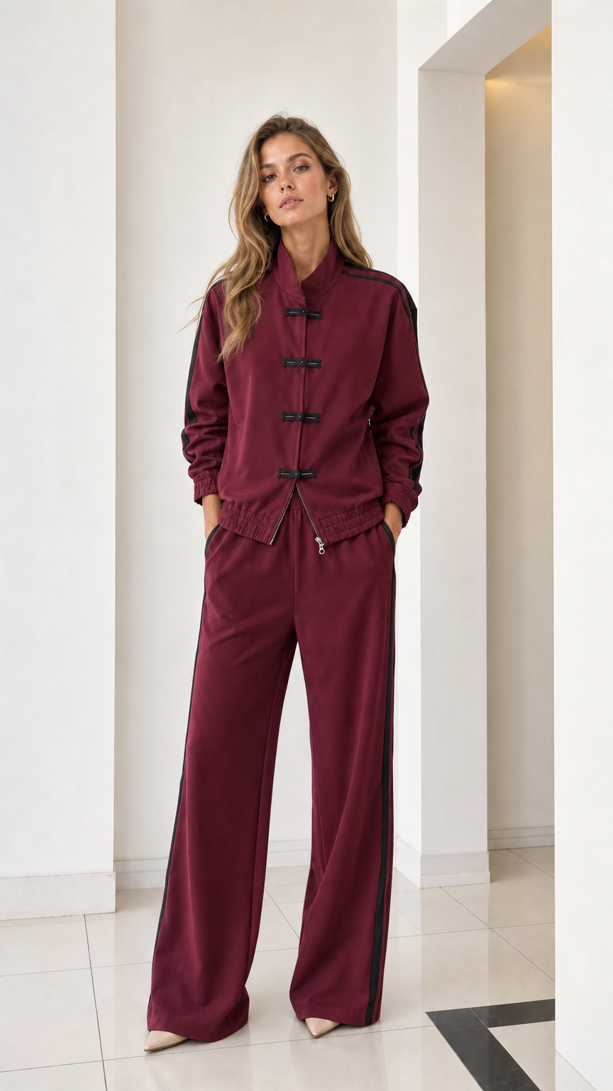 Full front view of women's burgundy wine red tracksuit set with frog button closures