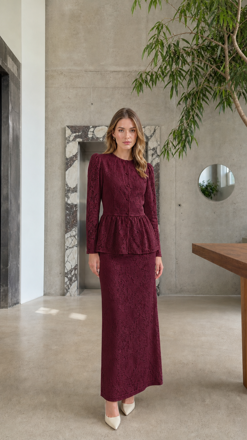 Full length view of model wearing the Burgundy floral lace peplum top and maxi skirt set
