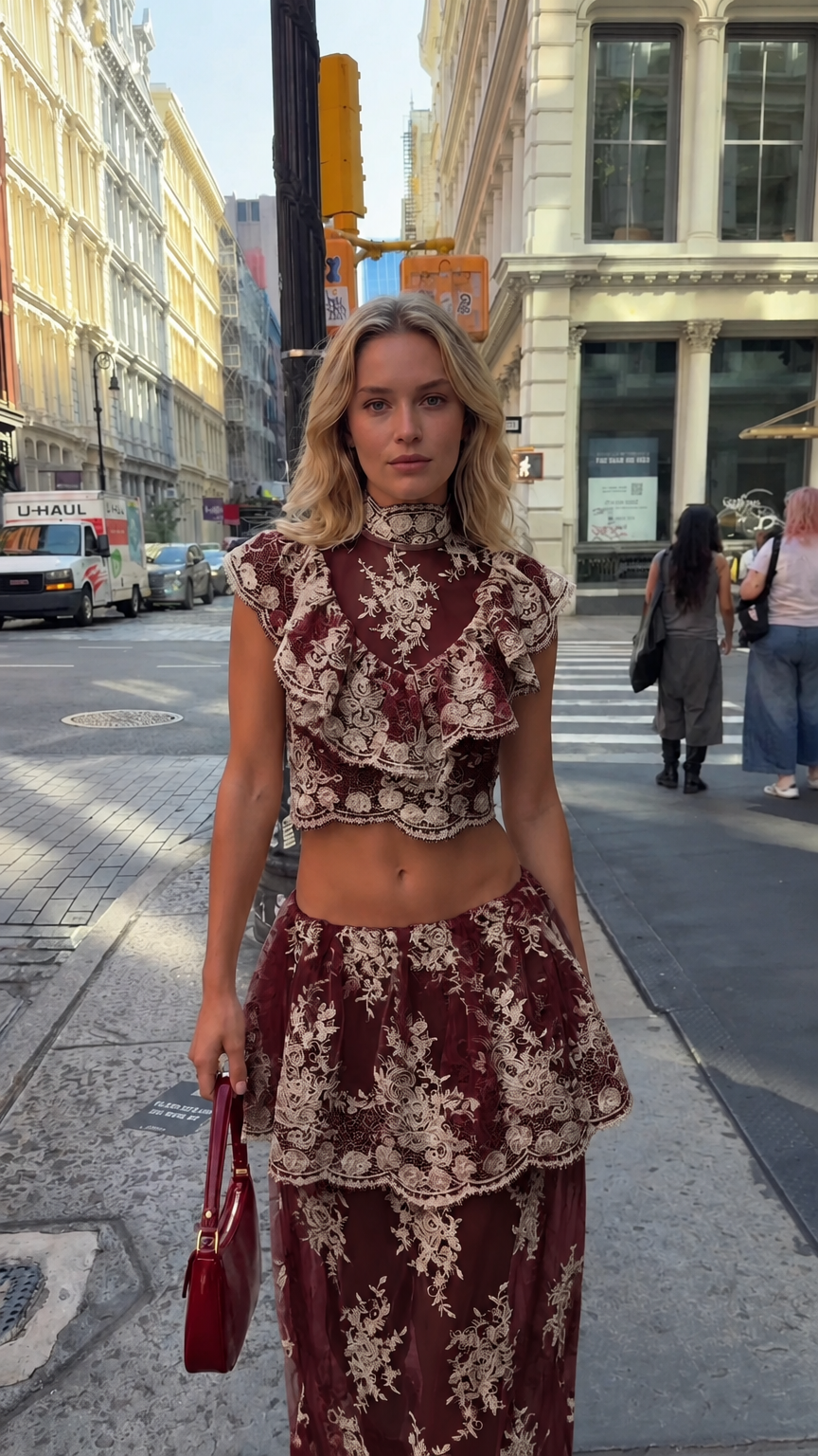 Model wearing burgundy floral lace crop top and tiered maxi skirt set