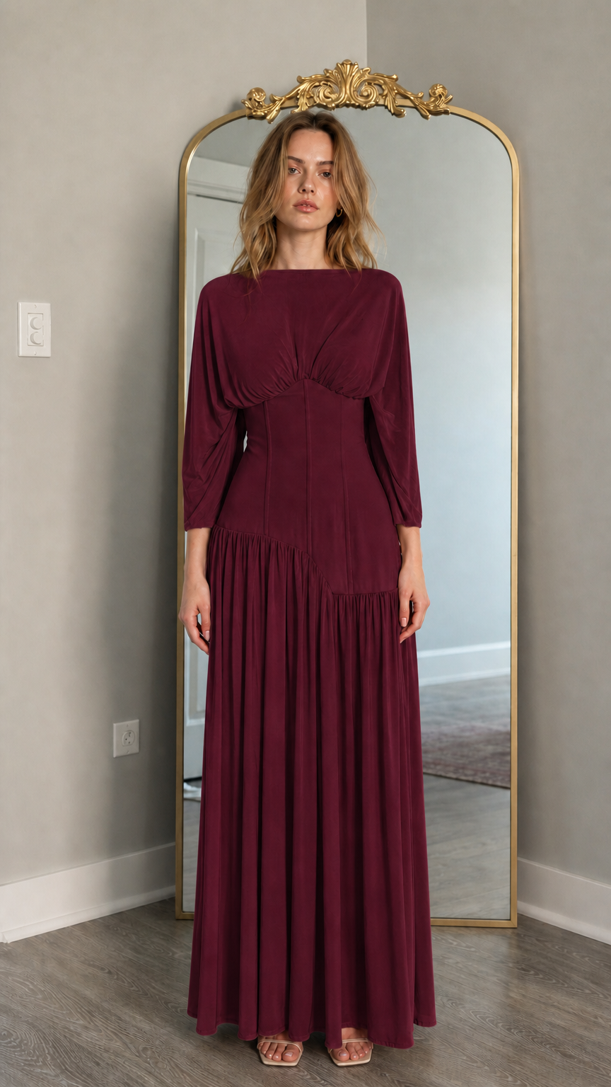 Front view of model wearing burgundy long-sleeve maxi dress