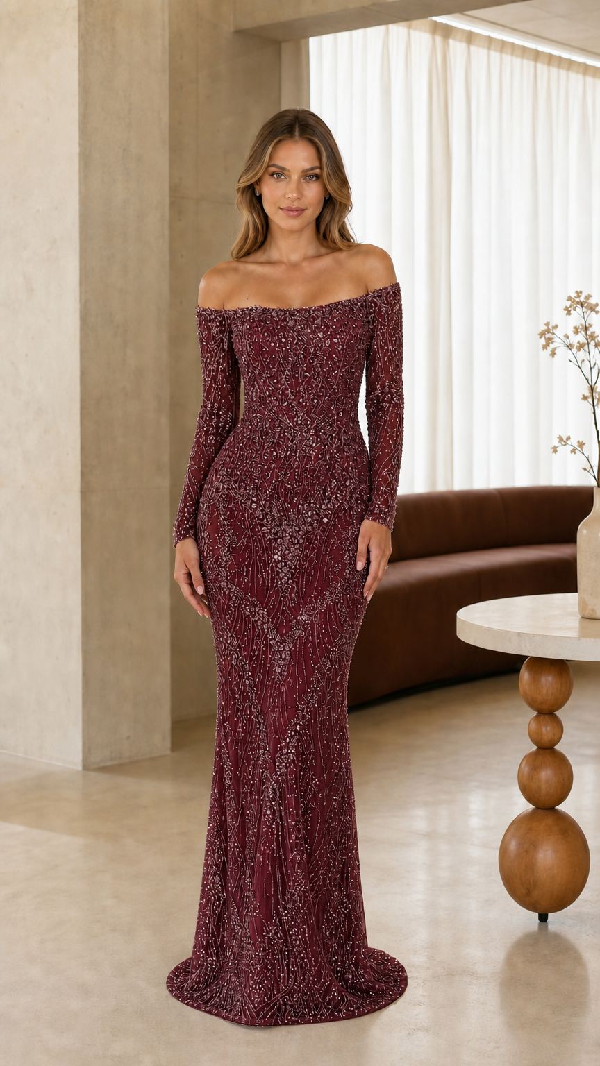 Full-length front view of model wearing burgundy wine off-the-shoulder beaded formal gown