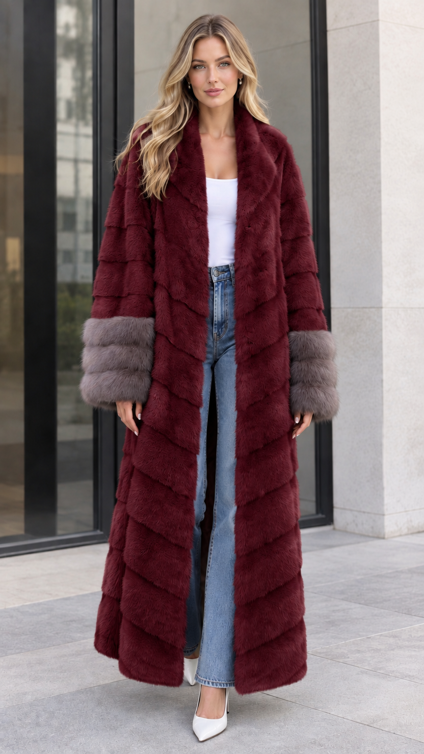 Front view of women's burgundy wine chevron maxi faux fur coat with contrast grey cuffs