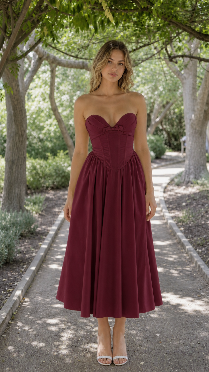 Front view of woman wearing burgundy strapless corset midi dress