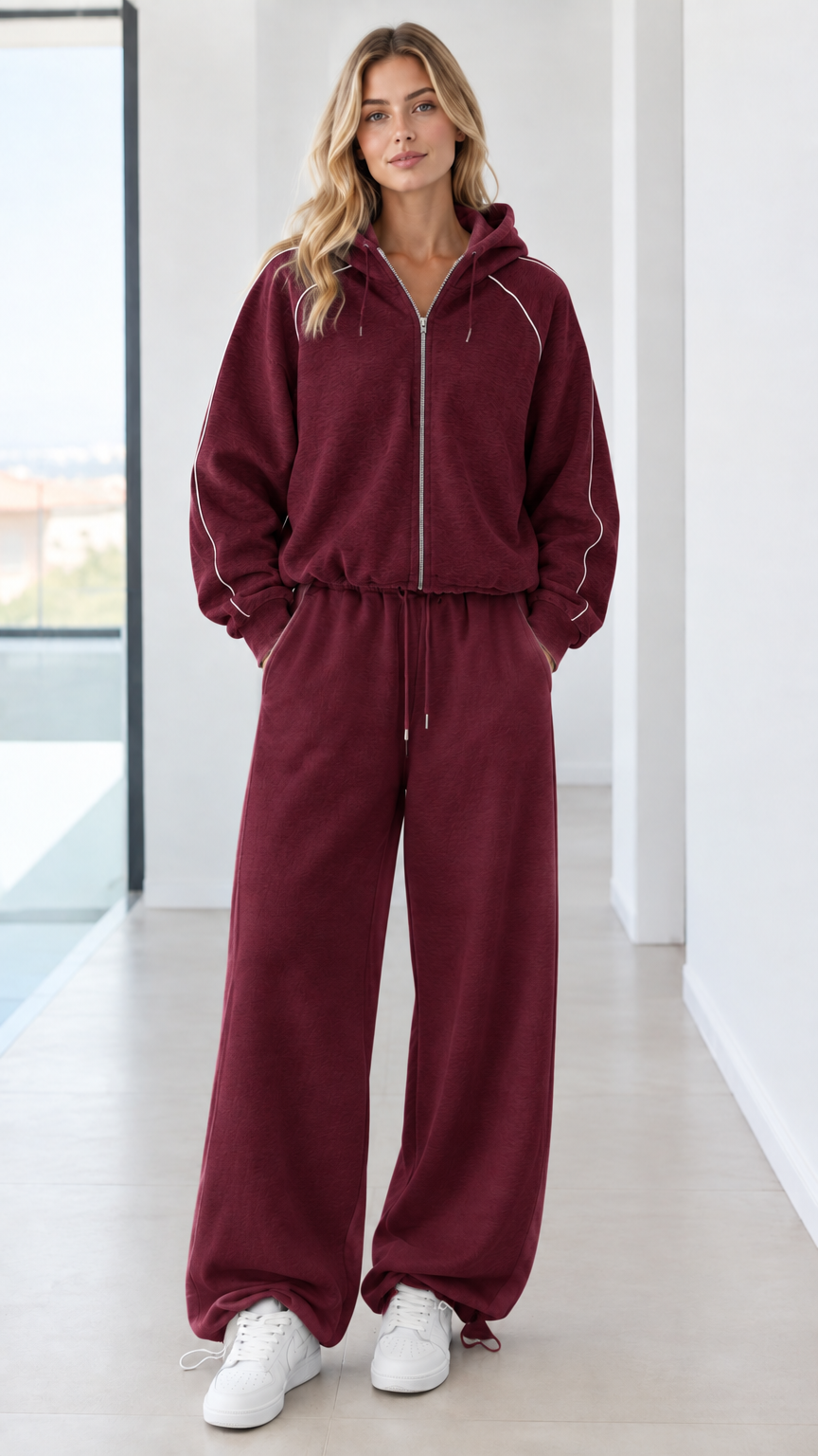 Full body studio shot of model wearing burgundy wine zip-up hoodie and wide-leg sweatpants set