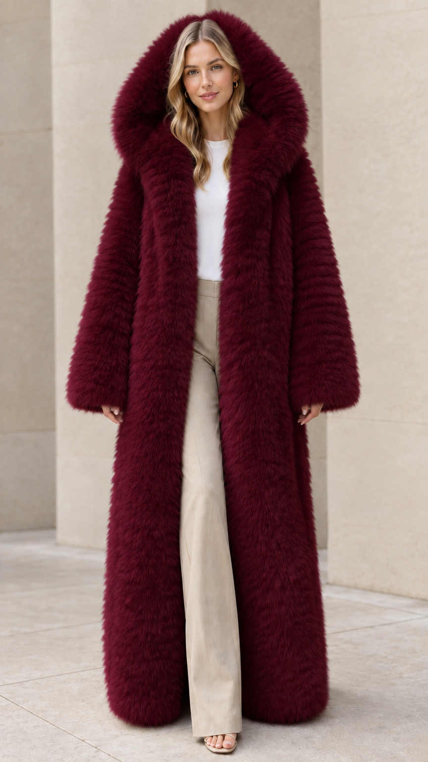 Women's burgundy wine red long hooded plush faux fur maxi coat