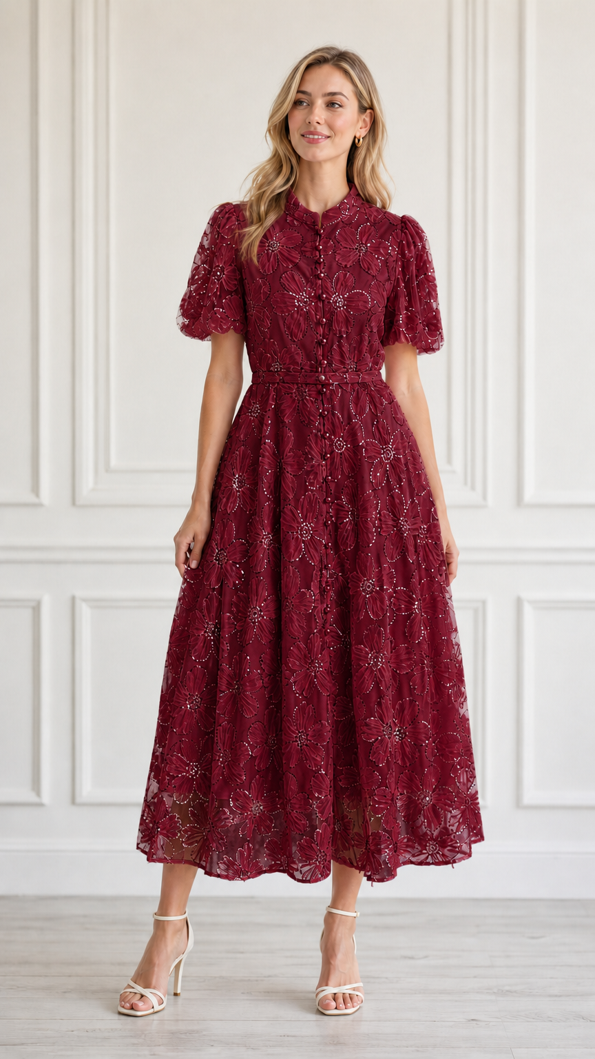 Front view of model wearing burgundy floral embroidered midi dress