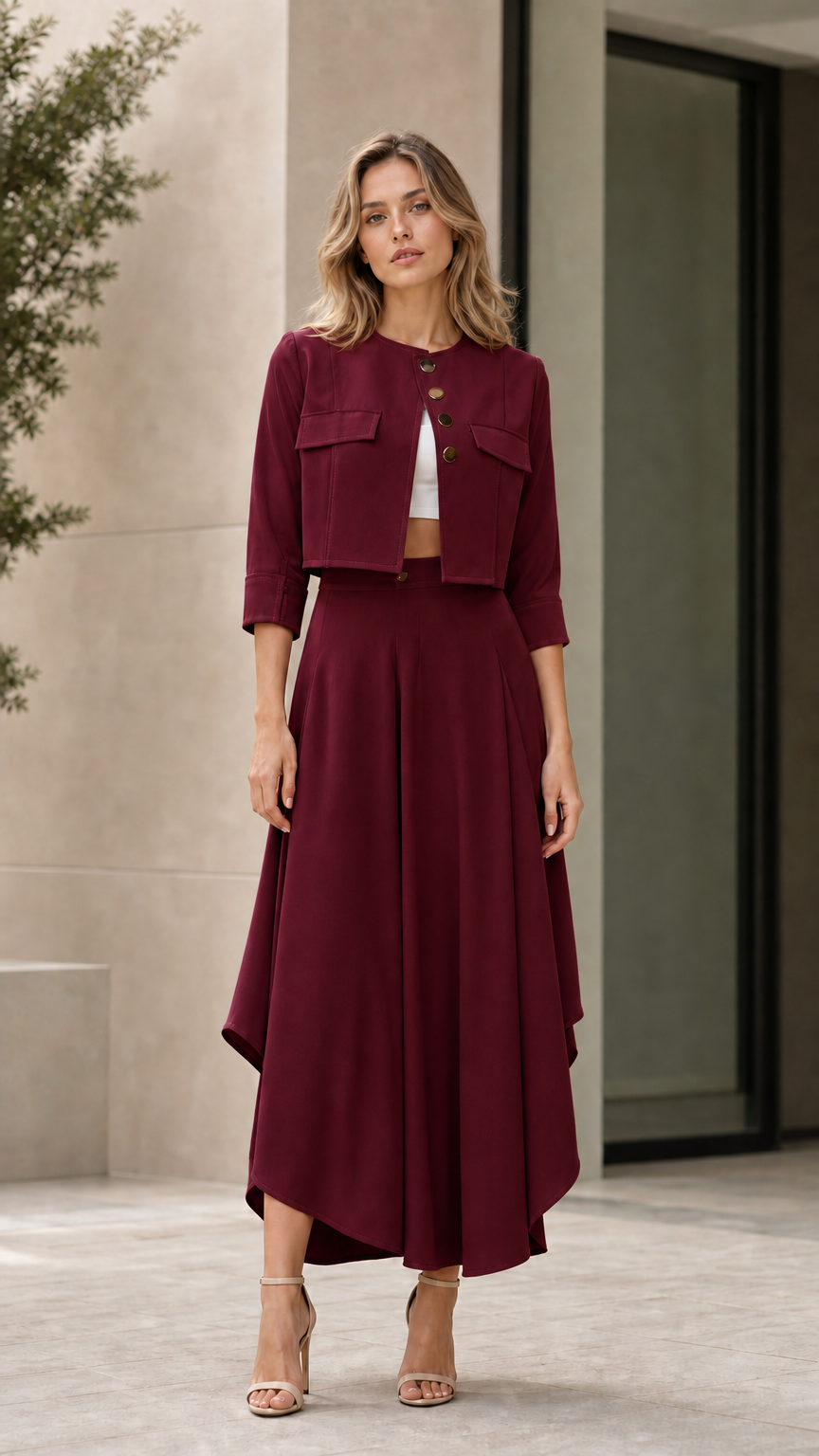 Model wearing burgundy wine cropped jacket and asymmetrical maxi skirt set