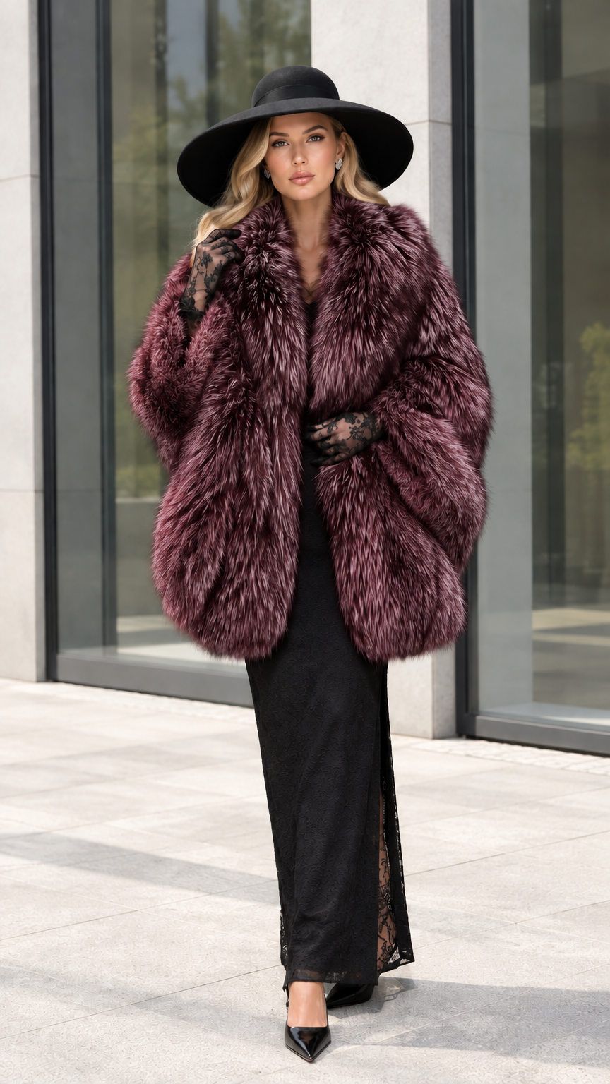 Full front view of model wearing Burgundy wine plush faux fur cocoon coat