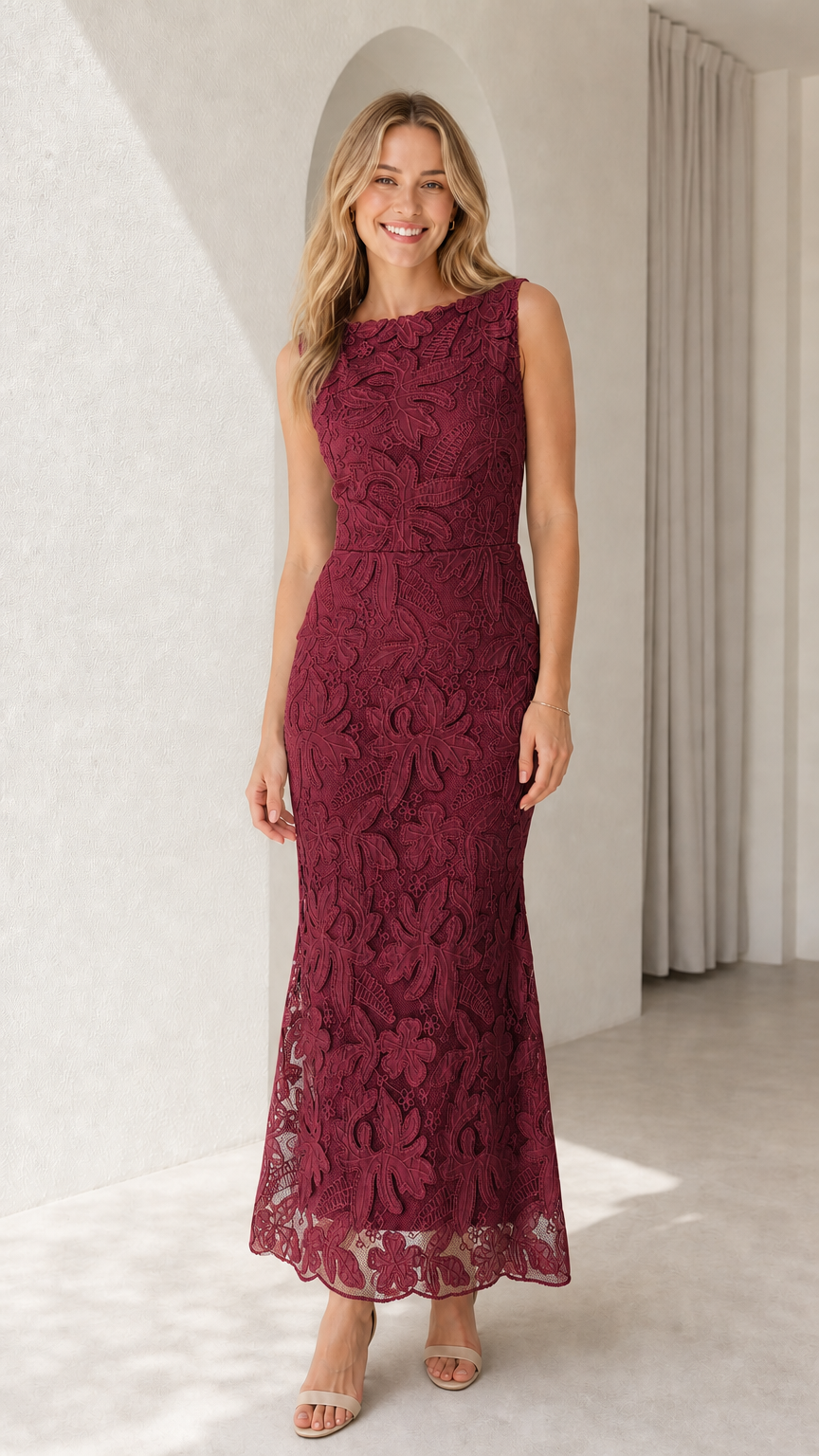 Model wearing burgundy wine sleeveless floral lace evening dress