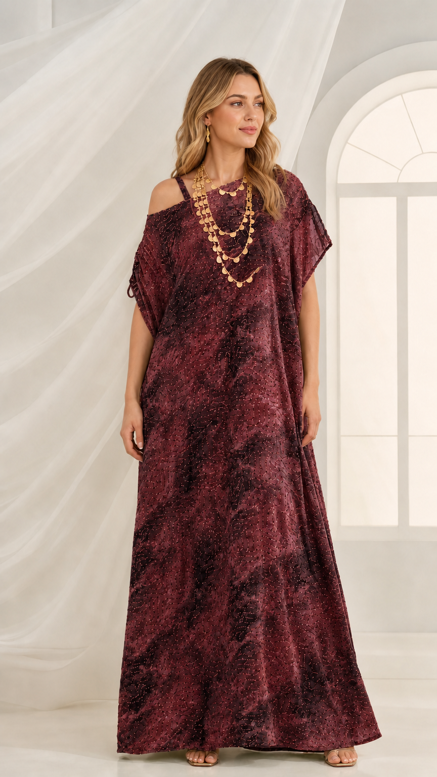 Burgundy wine print cold-shoulder kaftan dress with draped silhouette
