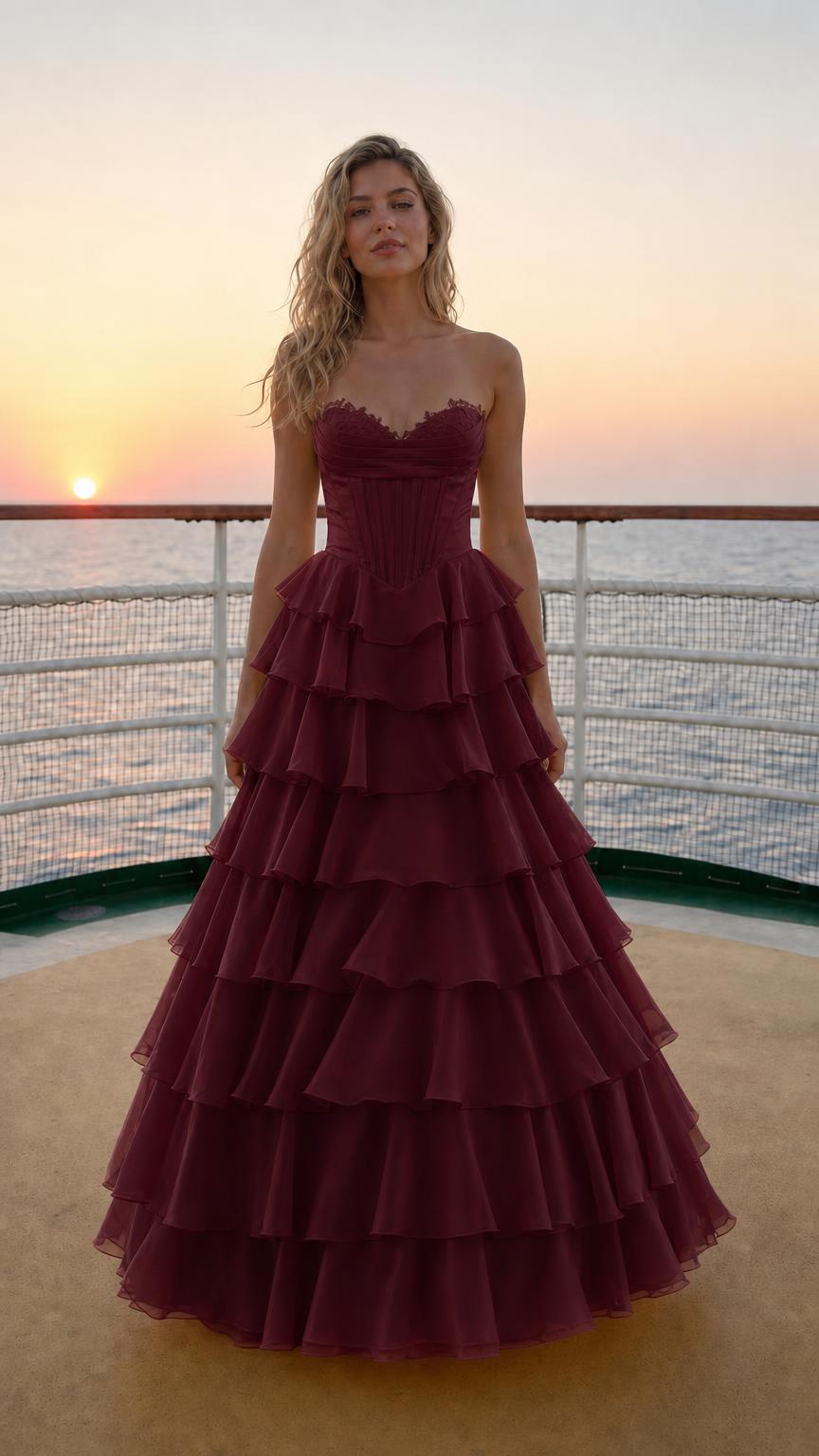 Model wearing burgundy sweetheart corset tiered ruffle long evening gown