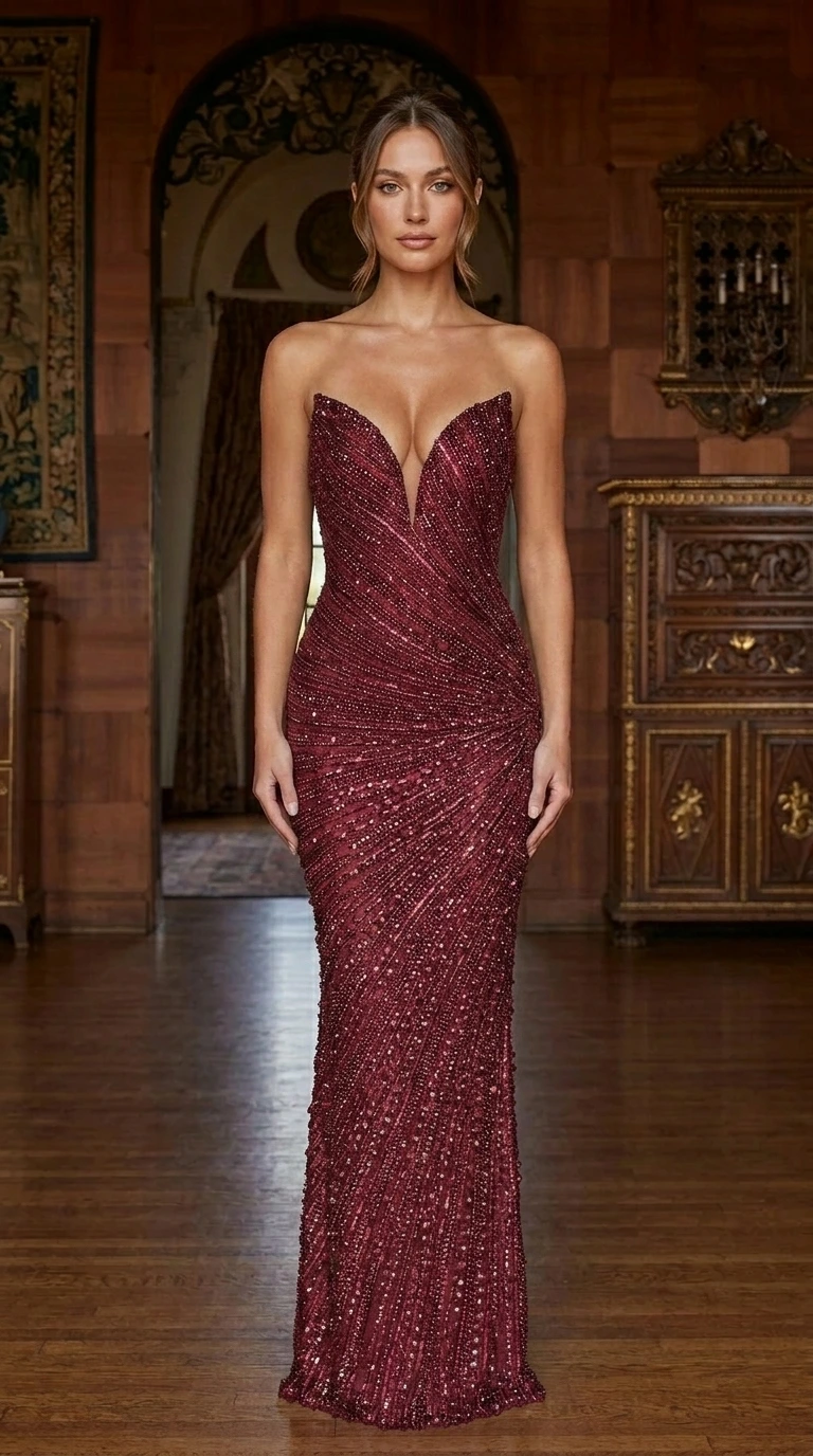 Front view of burgundy color variant of the strapless evening gown