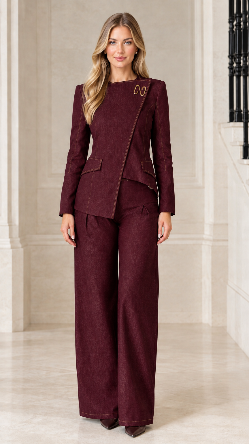 Front view of model wearing Burgundy asymmetric blazer and wide-leg trousers set
