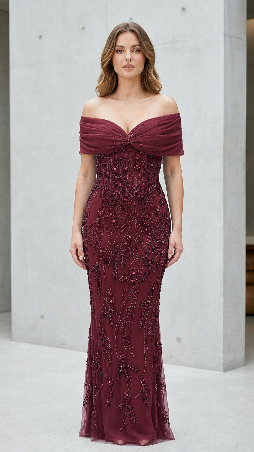 Burgundy variant of Off-Shoulder Beaded Evening Gown