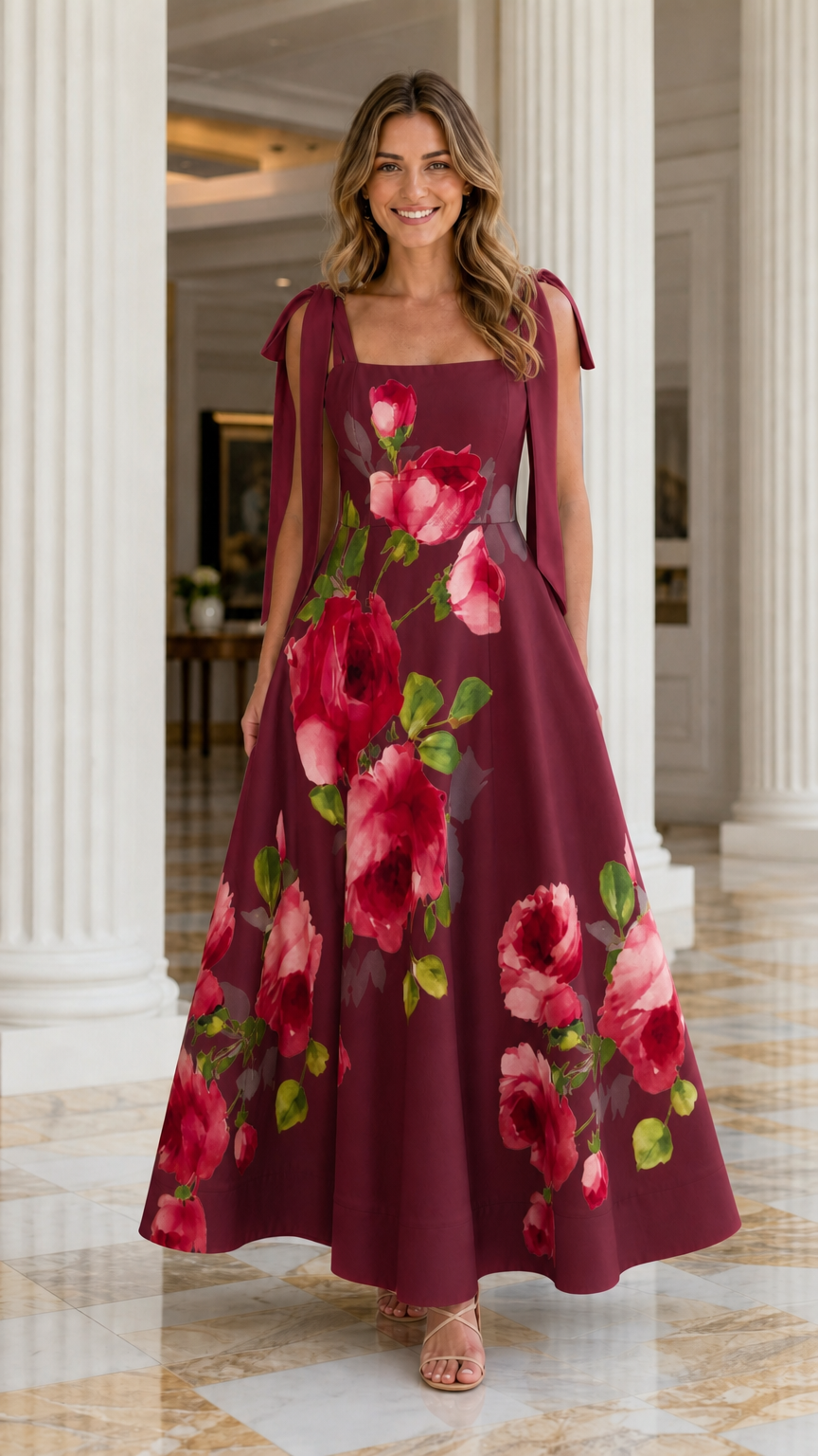 Model wearing burgundy floral print tie-strap maxi dress