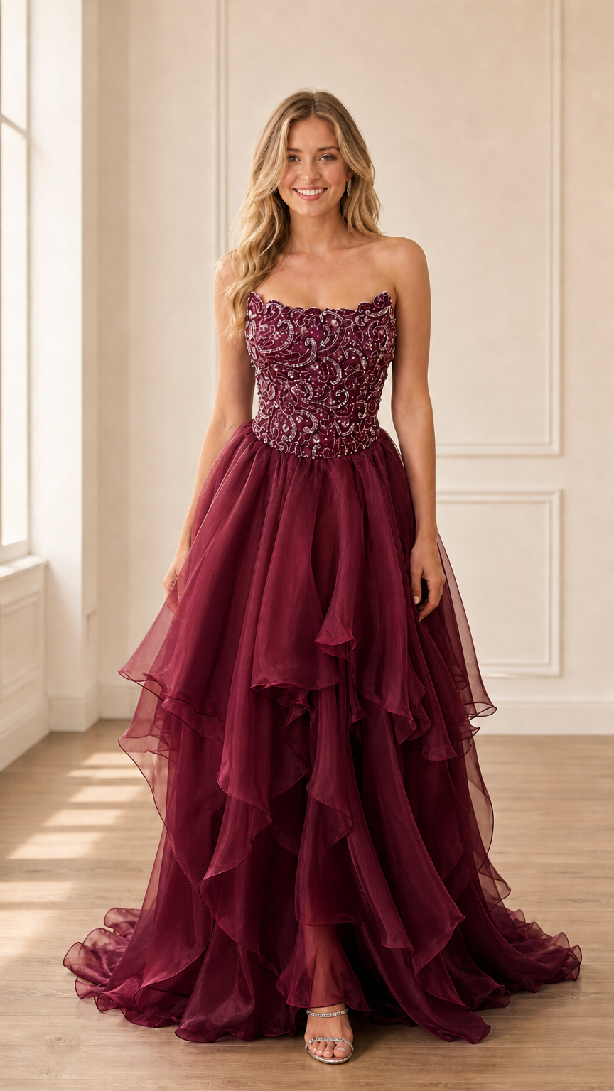 Model wearing burgundy strapless beaded tiered gown