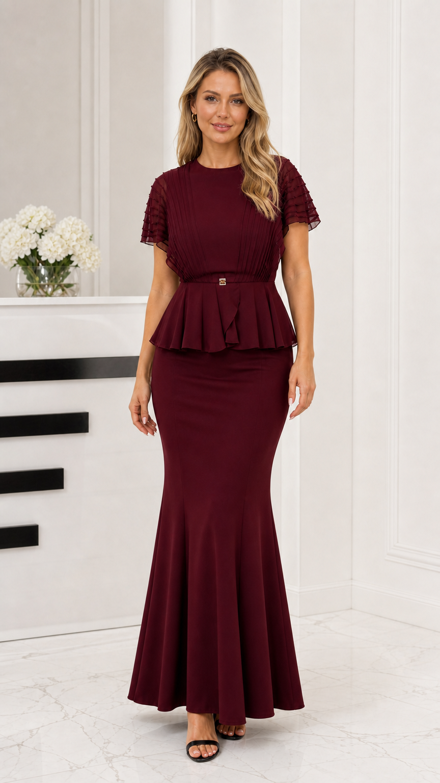 Front view of burgundy wine red peplum mermaid gown