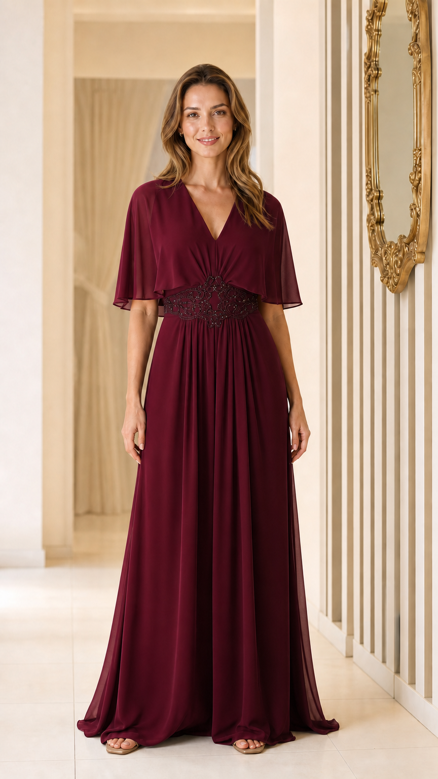 Full view of burgundy V-neck chiffon maxi dress