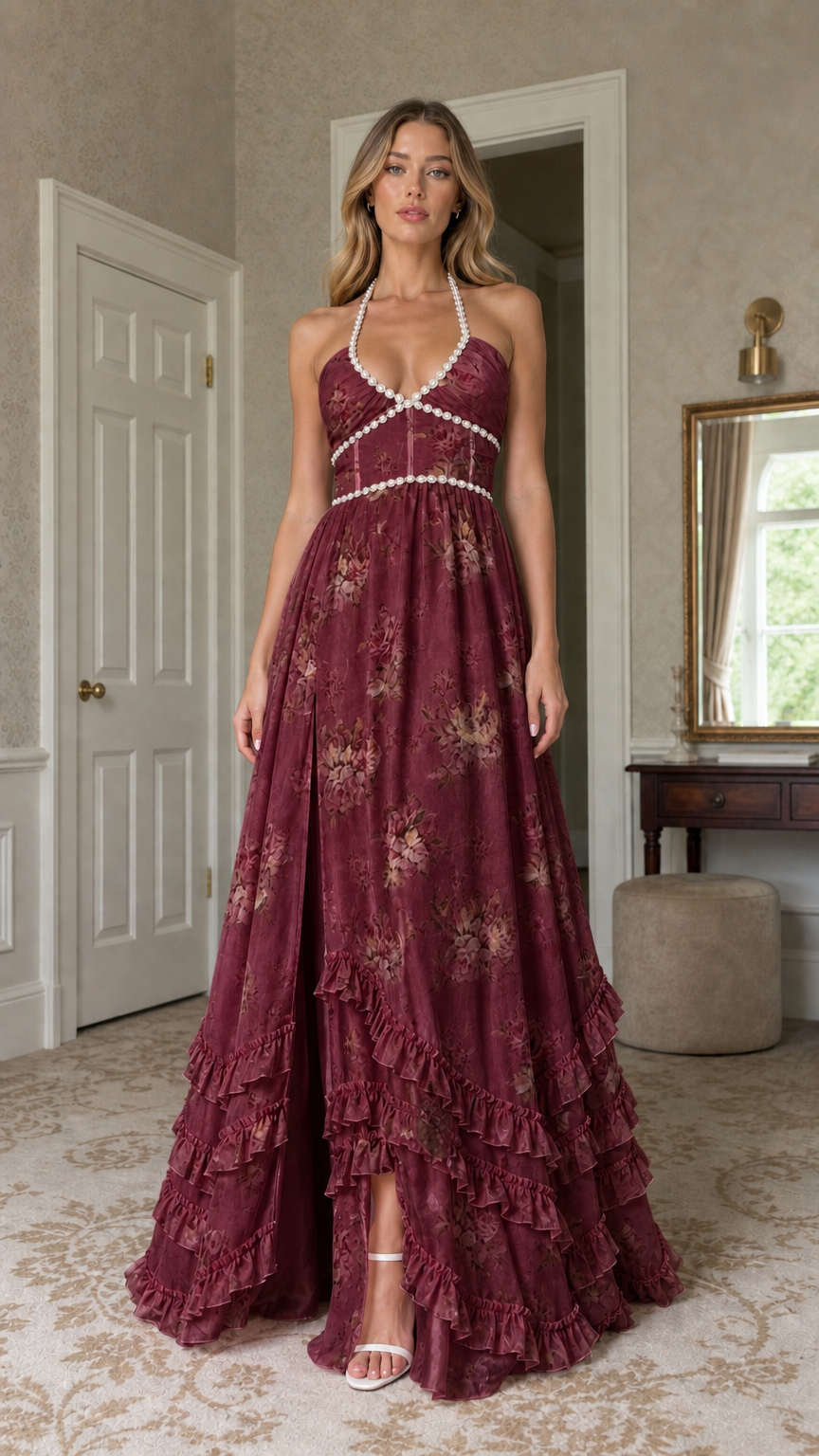 Model wearing burgundy floral print pearl-trimmed halter maxi dress