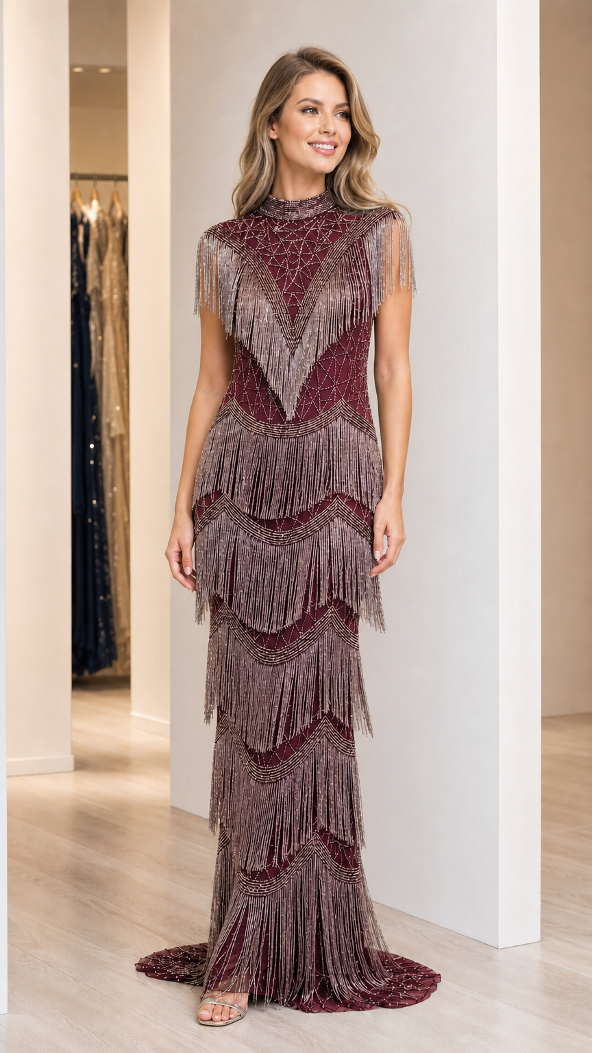 Model wearing burgundy wine red beaded fringe high neck gown
