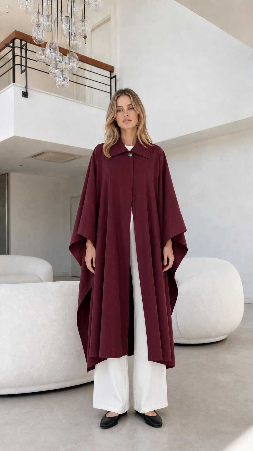 Full front view of model wearing deep burgundy wine longline cape coat