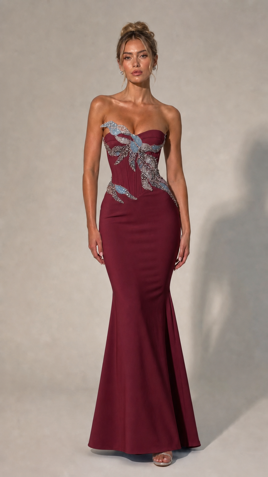 Front view of burgundy strapless beaded evening dress