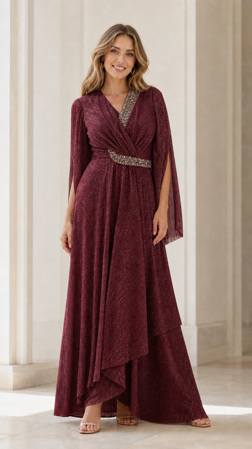 Front view of model wearing burgundy rhinestone evening dress