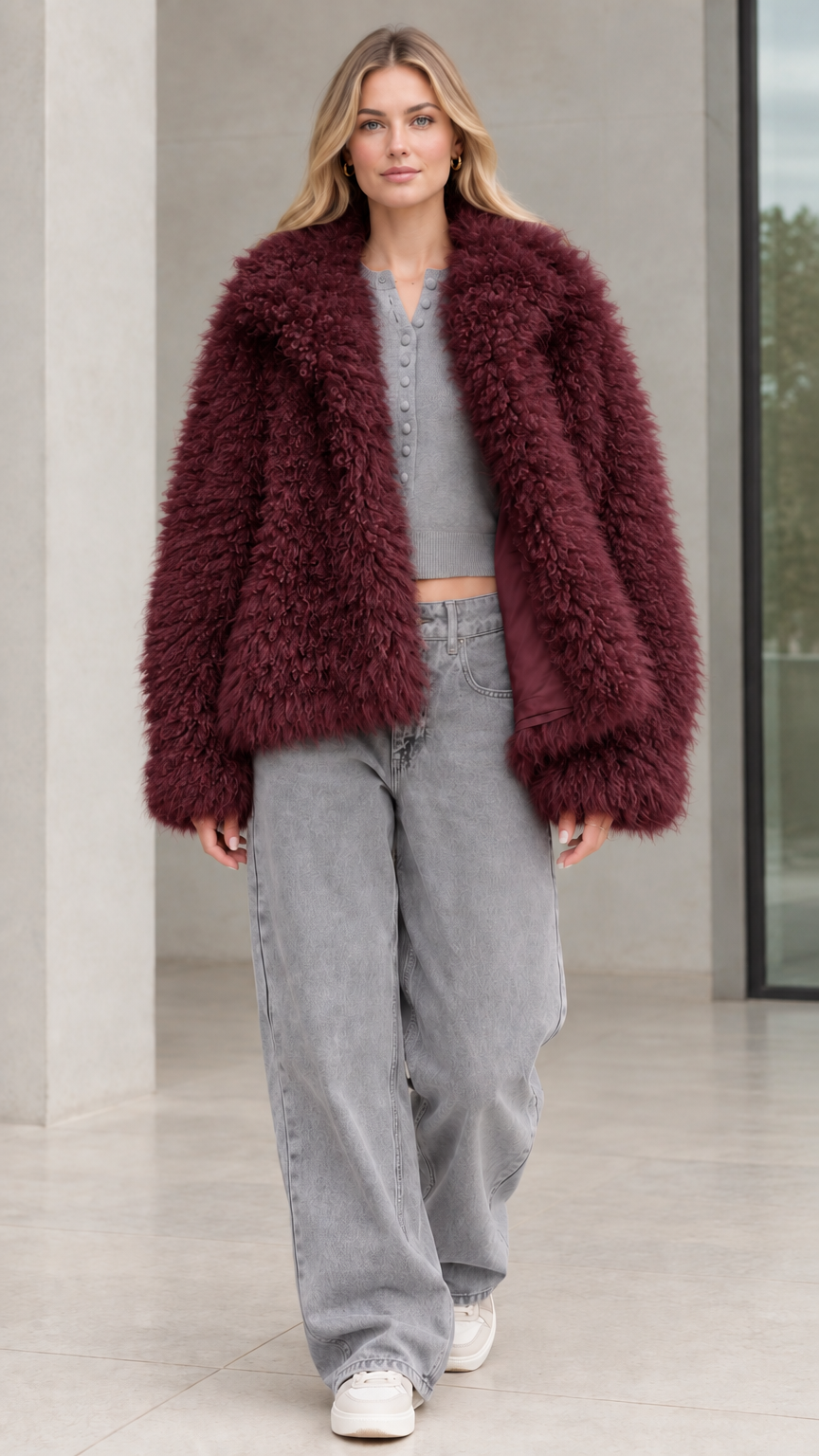 Front view of model wearing burgundy wine shaggy faux fur jacket