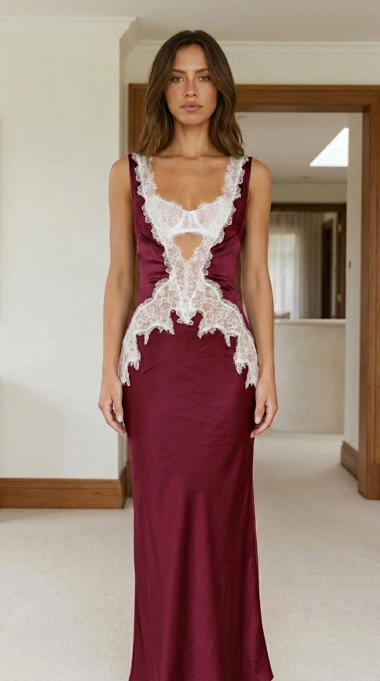 Burgundy color variant of satin lace maxi dress