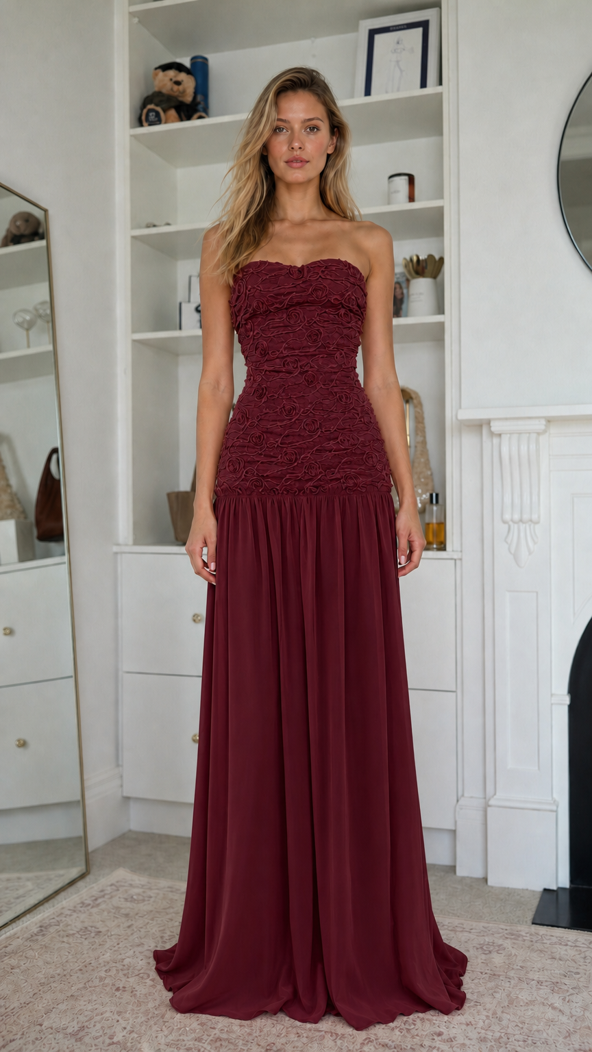 Elegance Strapless Textured Bodice Chiffon Maxi Dress in Burgundy