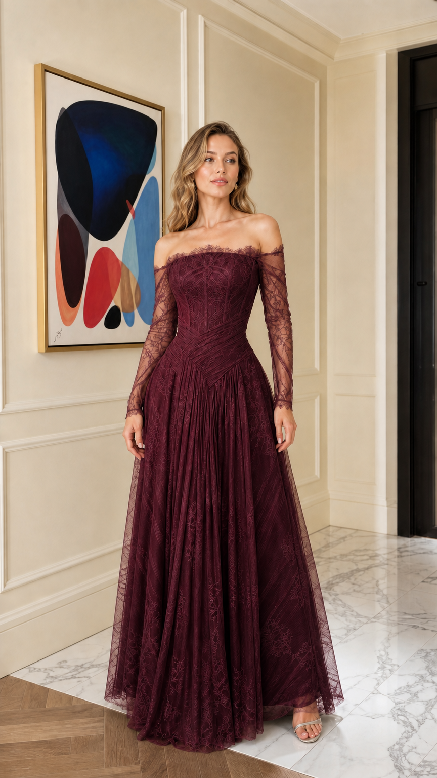 Front view of burgundy off-shoulder lace evening gown