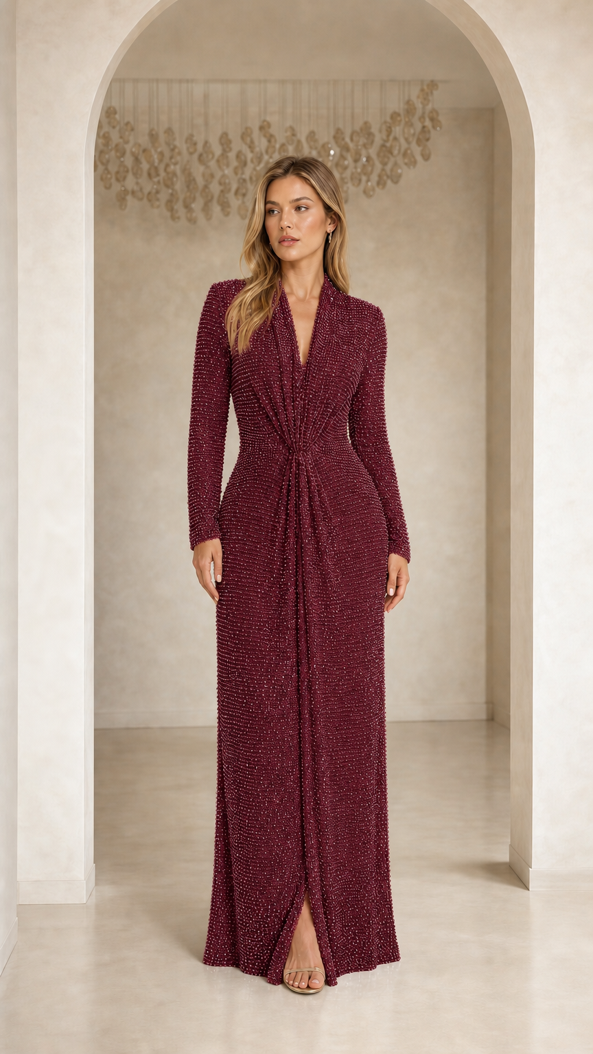 Model wearing Burgundy Elegance Sequin Long Sleeve Maxi Dress