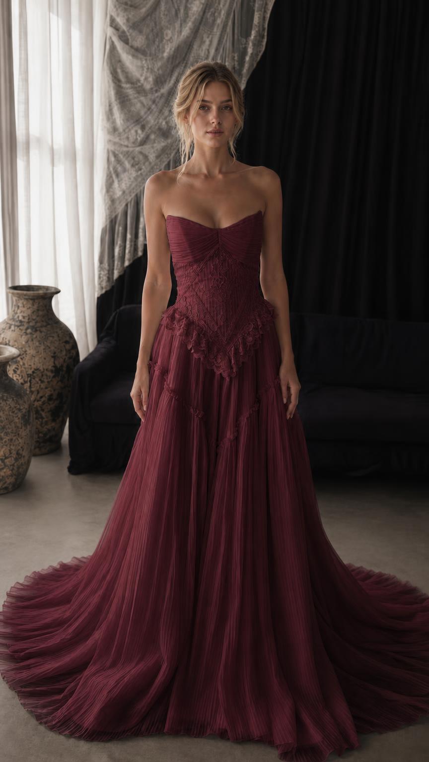 Front view of burgundy red strapless lace corset tulle evening gown