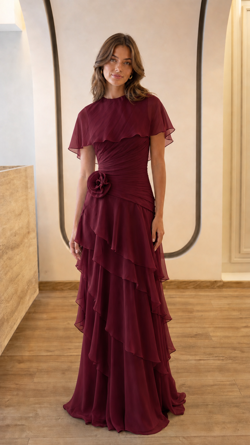 Full view of burgundy evening gown with floral accent