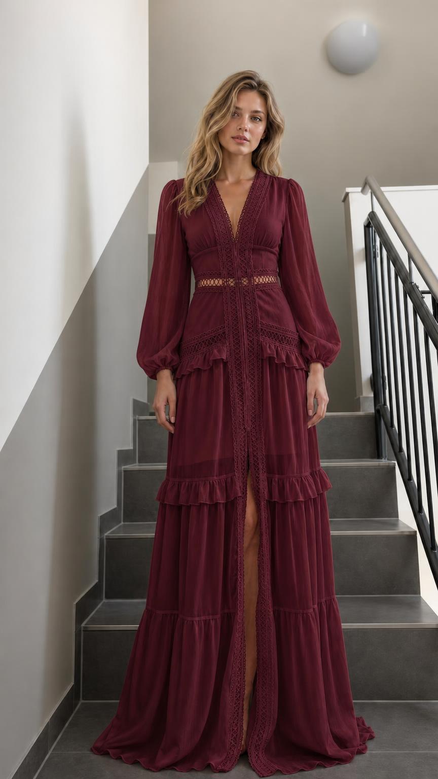 Front view of Burgundy V-Neck Long Sleeve Ruffle Tiered Maxi Dress