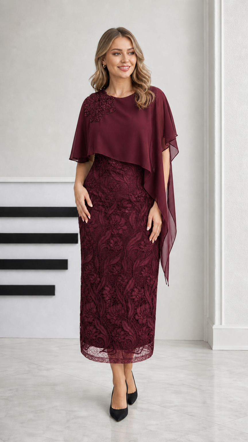 Burgundy wine formal lace midi dress with beaded capelet